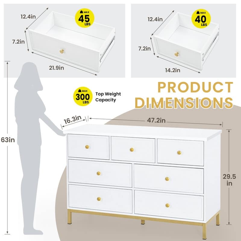 47" White Wooden Dresser With 7 Deep Drawers & Metal Handles