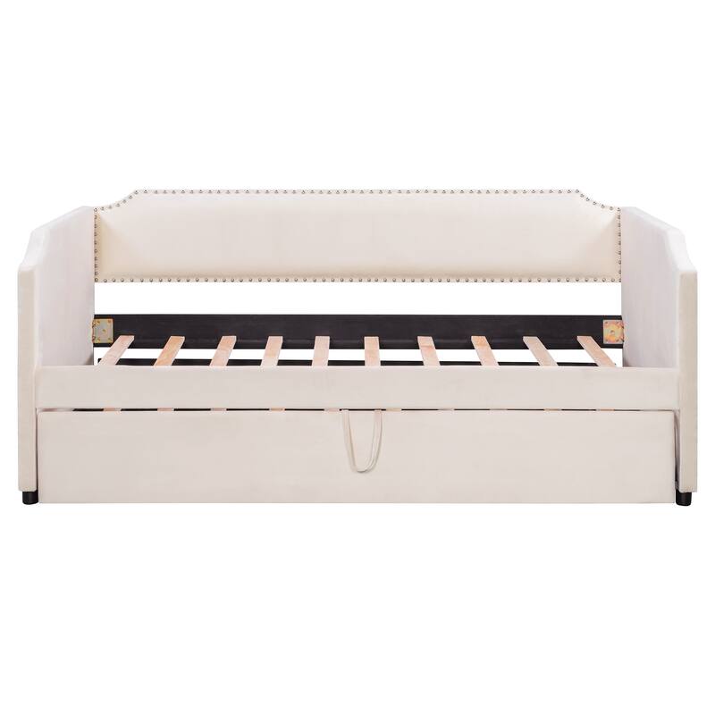 Roomfitters Twin Size Velvet Upholstered Daybed with Pop Up Trundle, Space Saving Sofa Bed Frame with Slats