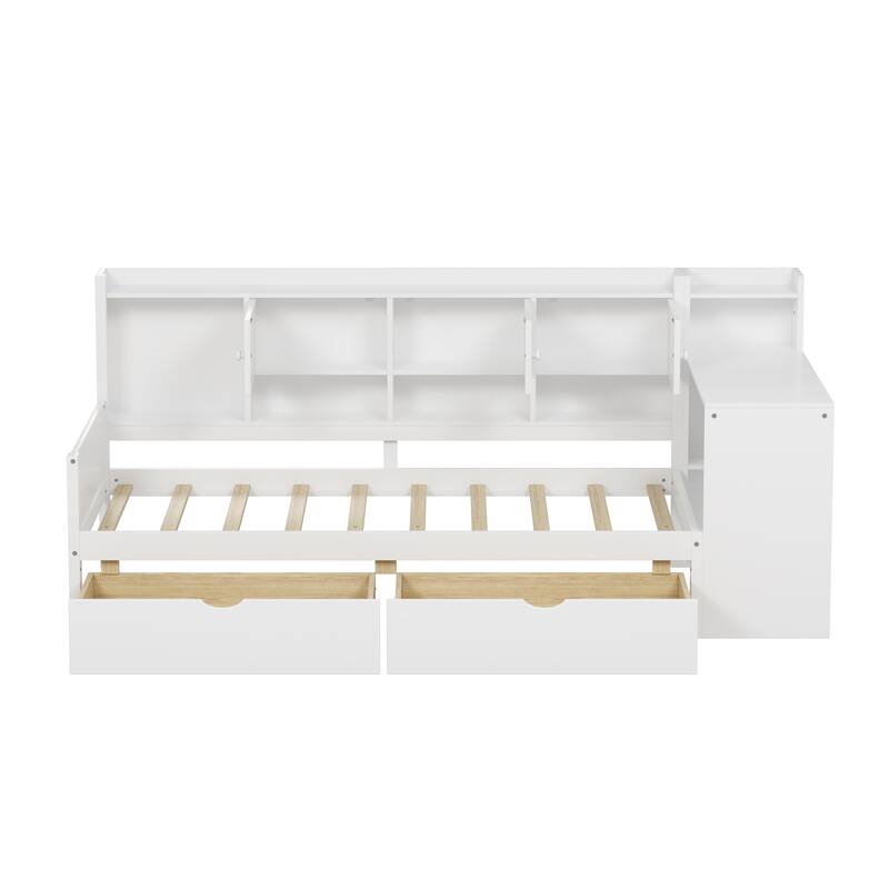 Twin L-Shape Daybed with Storage Cabinets and Drawers