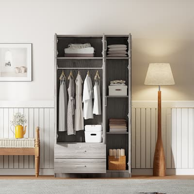 3-Door Mirror Wardrobe with 2 Lockable Drawers and Top Cabinet Armoire Clothes Storage Cabinet for Bedroom