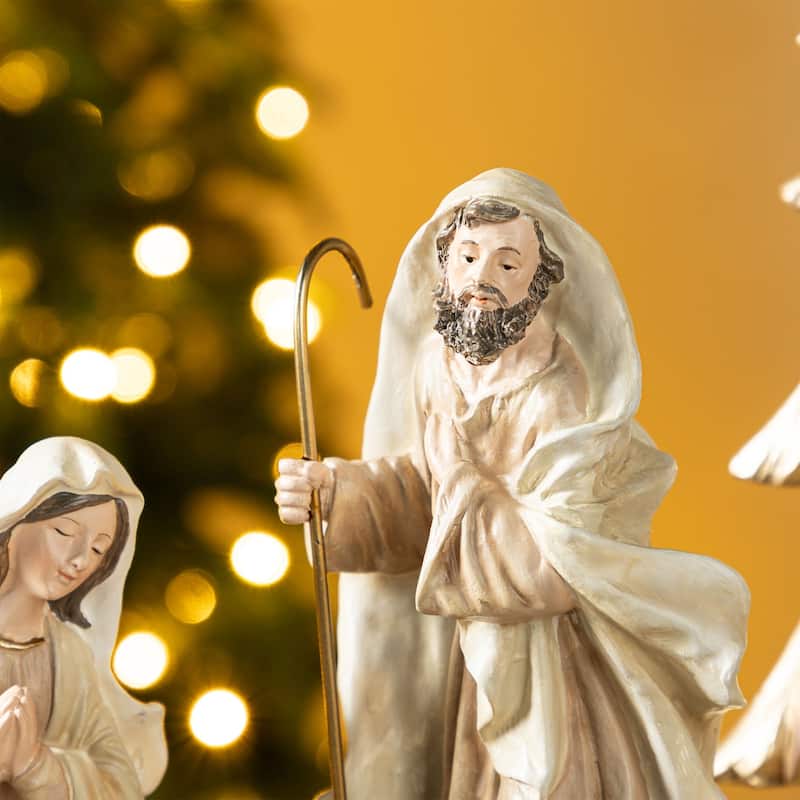 Glitzhome S/5 24.5"H/14"H White/Gold Resin Holy Family Nativity with Christmas Trees