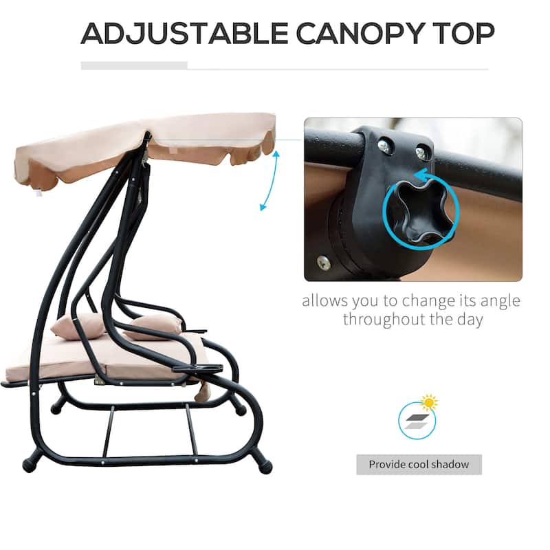 Outsunny 3 Seat Outdoor Free Standing Covered Swing Bench with Comfortable Cushioned Fabric & Included Canopy, Beige