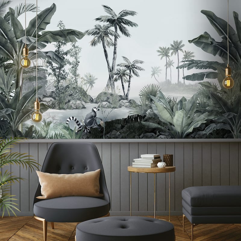 Tropical Lemur Paradise Wallpaper Mural - Gray - W:225" x H:118"