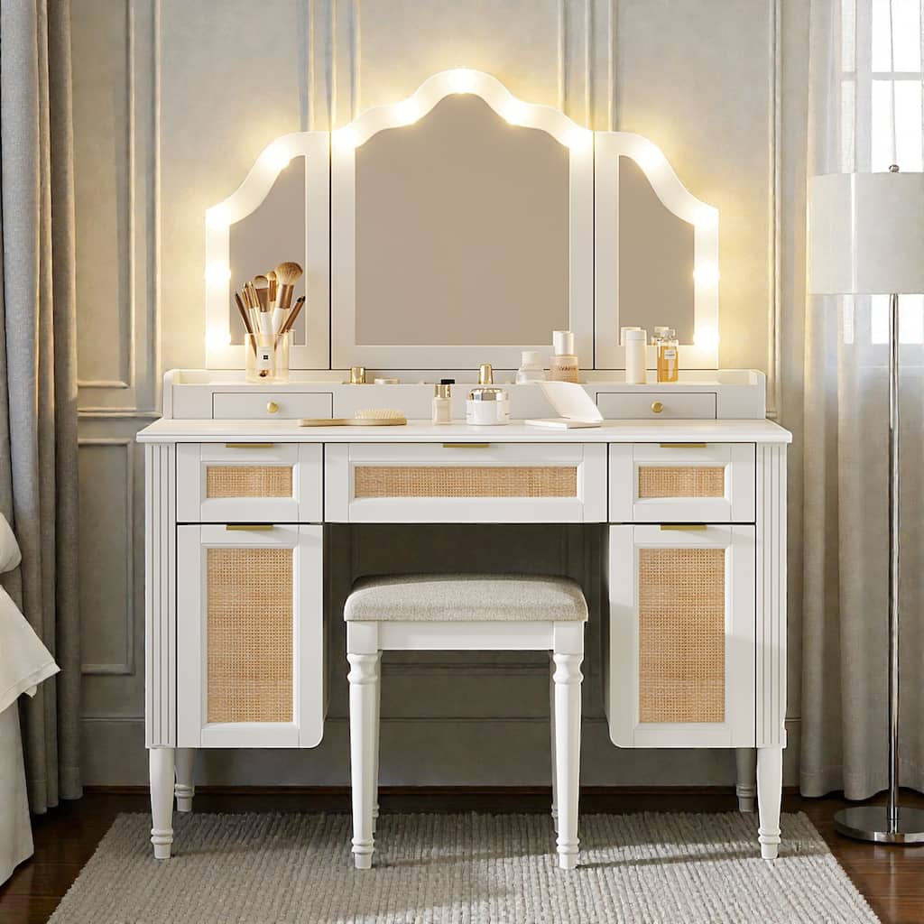 44.37" Makeup Vanity Desk with 13 Hollywood Bulbs, Tri-Fold Mirror, 5 Drawers and Charging Station