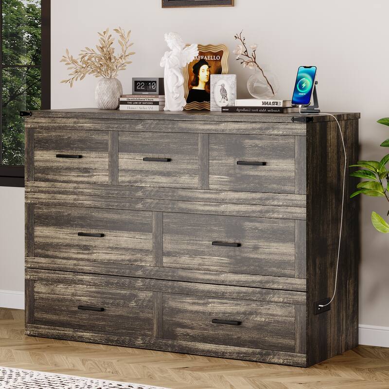 Queen/Full Size Murphy Cabinet Bed - Foldable Platform Bed with Charging Station & Large Storage Drawer