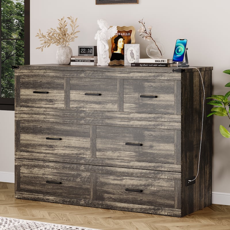 Queen Size MDF Murphy Bed Cabinet with Charging Station, Storage Drawer and 700lb Capacity