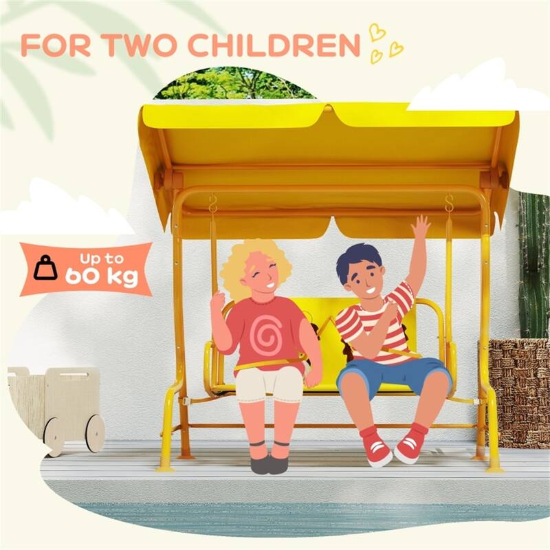 Yellow Steel Kids Swing Chair with Adjustable Canopy and Safety Seatbelt - 44.1" L x 29.5" W x 47.2" H