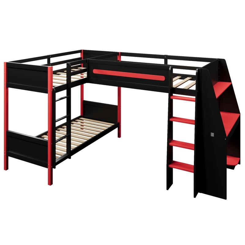 GDFStudio - GameFlex Modern Wooden L-Shaped Twin Gaming Bunk Bed with Desk and LED