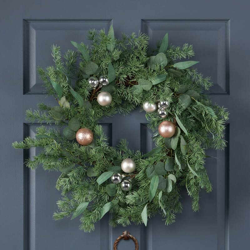 26" PineNeedle Wreath With Ball - Green - Green