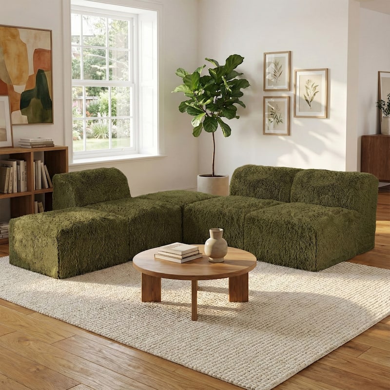 Furniture of America Ylena Modern 5-Piece Faux Fur Foam Modular Armless Compressed Sectional Sofa with Ottoman - Olive Green