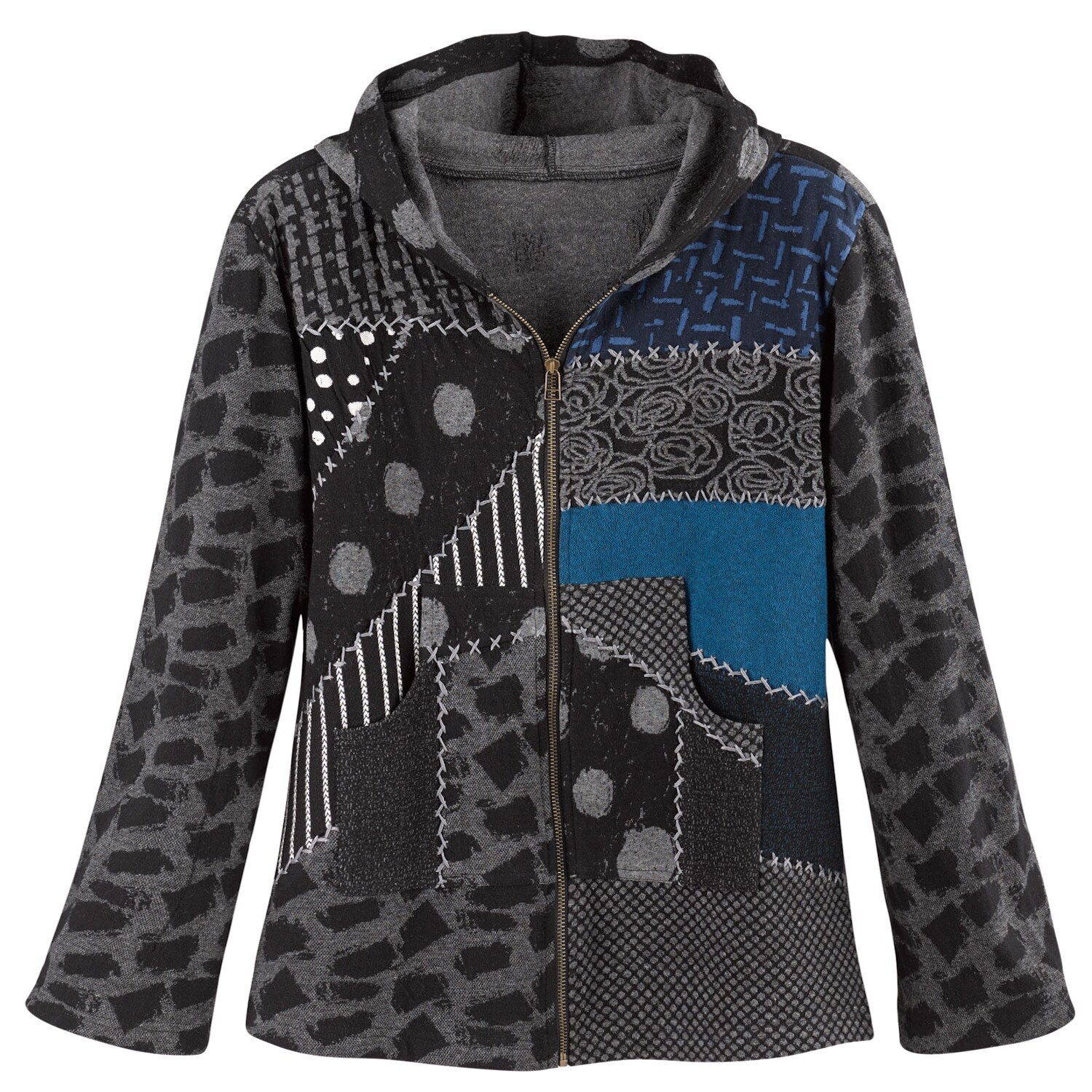 Shop Avani Del Amour Women S Patchwork Mixed Prints Hoodie Gray Zip Up Hooded Jacket Overstock 24124297