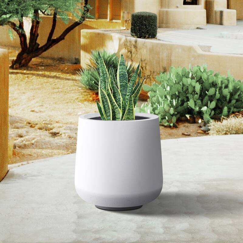Plantara 13" H Round Solid White Concrete planter, Outdoor Modern Planter pot,Flower pot with Drainage Hole for Garden