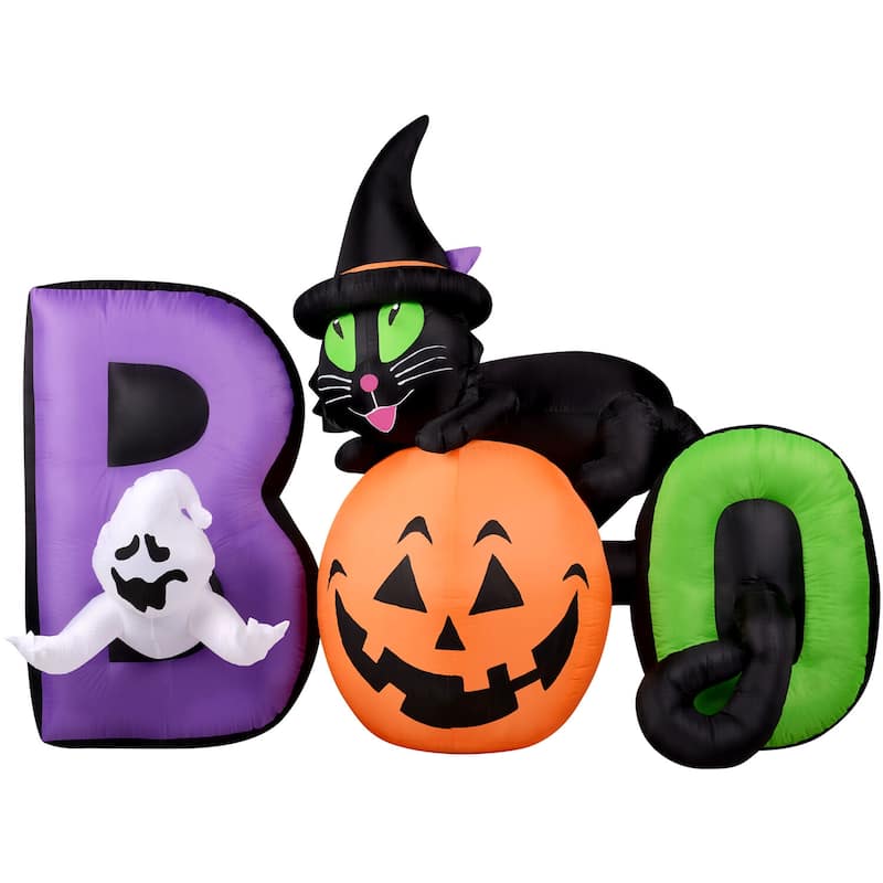 Haunted Hill Farm 5-Ft. Inflatable Pre-Lit Boo Sign with Black Cat, Jack-O-Lantern, and Ghost