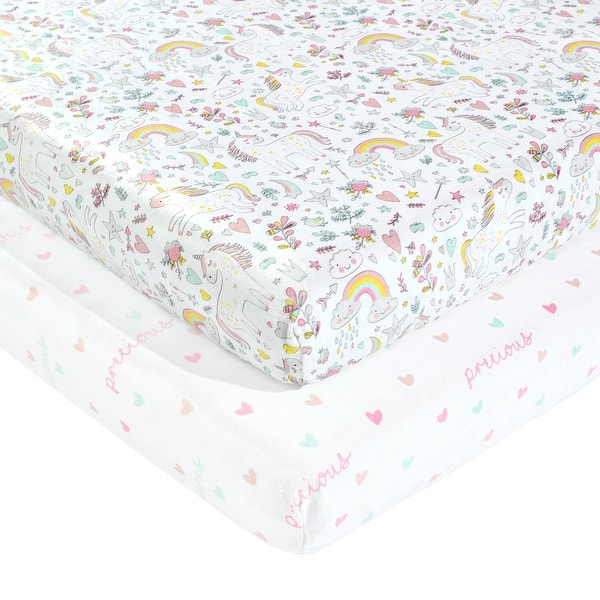 slide 2 of 10, Lush Decor Baby Unicorn Heart Rainbow Micro Mink Fitted Crib Sheet, 2 Pack - 52"x 28" x 9" Animals/Nature - 52"x 28" x 9" - Pink