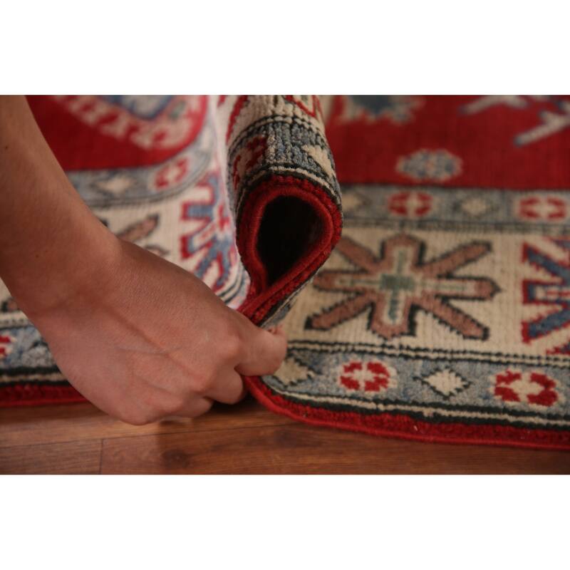 Red Geometric Kazak Area Rug Handmade Bedroom Wool Carpet - 5'0" x 6'9"