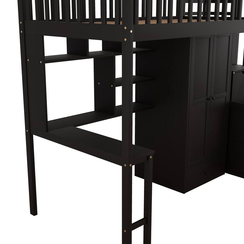 Loft Bed with Bookshelf,Drawers,Desk,and Wardrobe