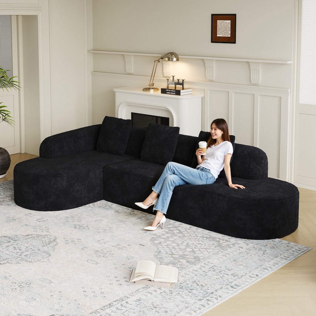 111.8-inch L-shaped curved modular sofa, modern design featuring lychee-textured long-pile polyester fabric, curved backrest