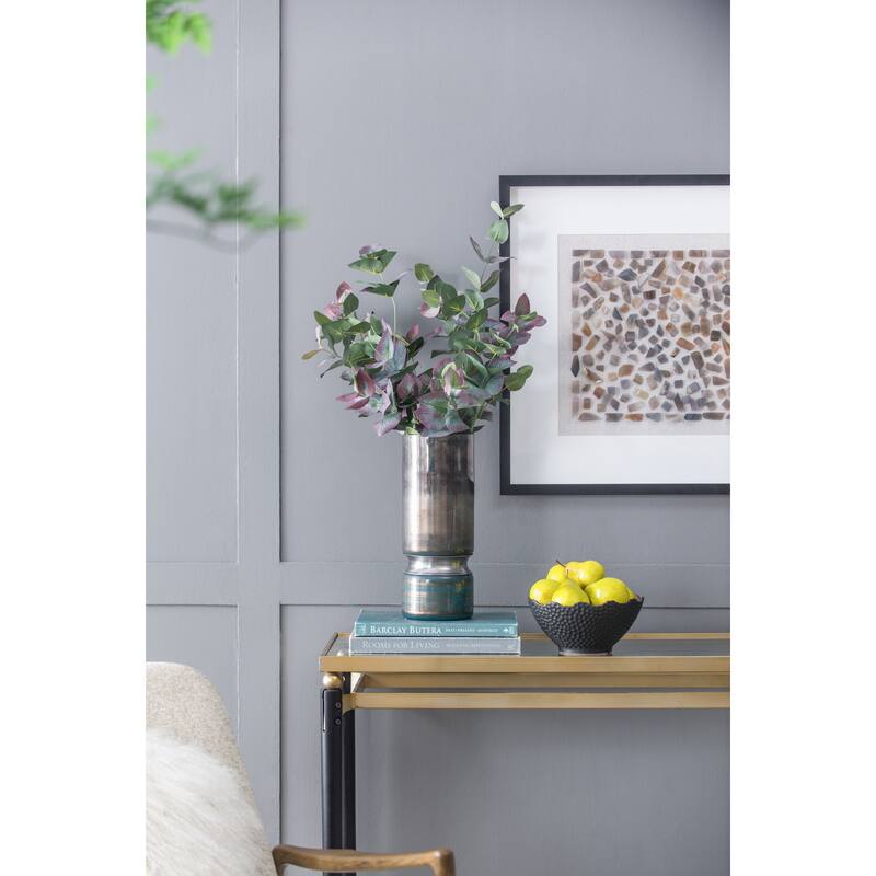 D4.7x10.6" Smokey Blue Glass Vase with Chrome Accent Modern Home Decor - Black+Blue