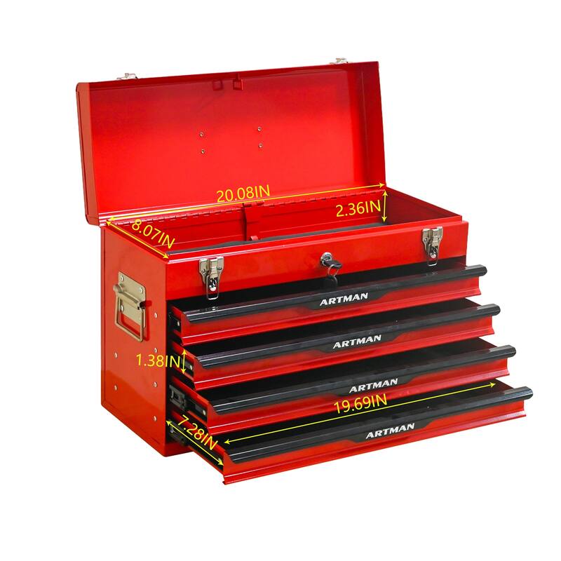 Anmytek Red 20 Inch Heavy Duty Steel Tool Box with Drawers and Metal Lock Closure Portable Tool Storage Chest and Organizer