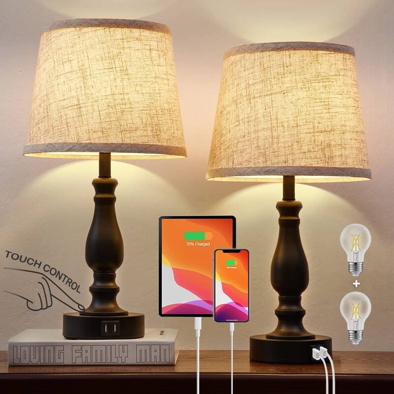 Lamps for Bedrooms Set of 2, Touch Bedside Table Lamp with USB Ports - Beige Shade and Black Base - Beige Shade and Black Base