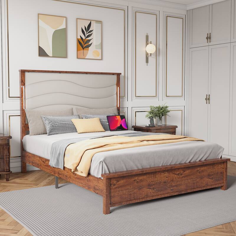 King Size Bed Frame with Upholstered Headboard and LED Lights