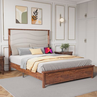 Queen Size bed Frame with Upholstered Headboard, Queen bed Frame with Charging Station and LED Lights, Wood Slats
