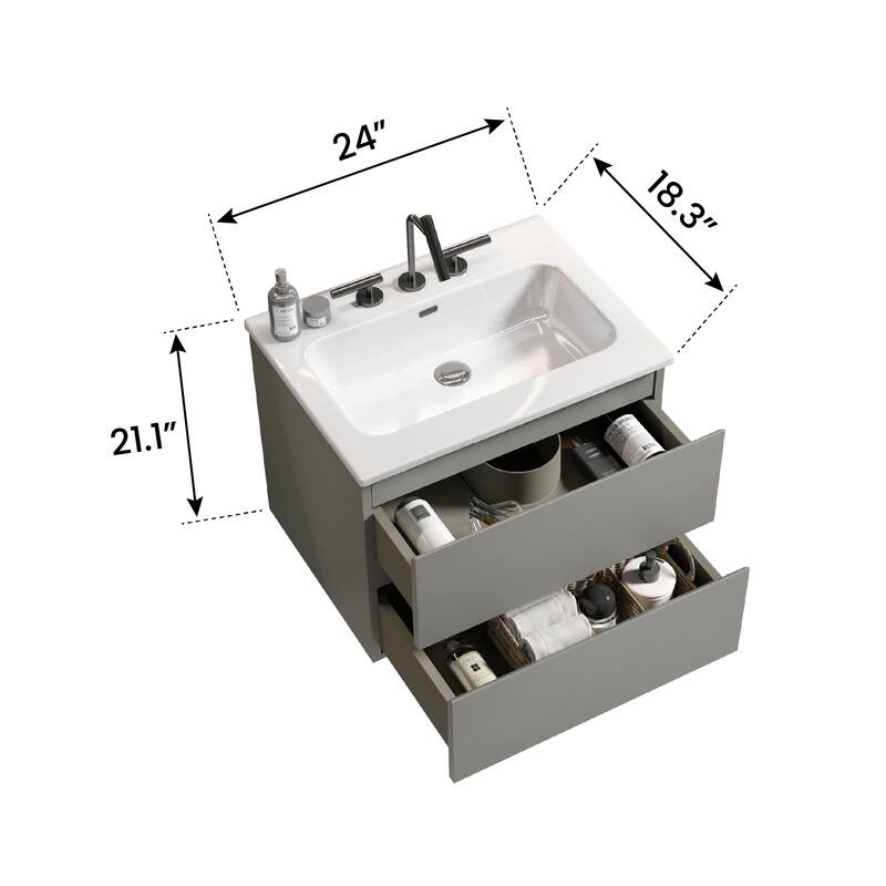 36-Inch Wall Mount Bathroom Vanity in Space Grey with Ceramic Sink, Large Storage