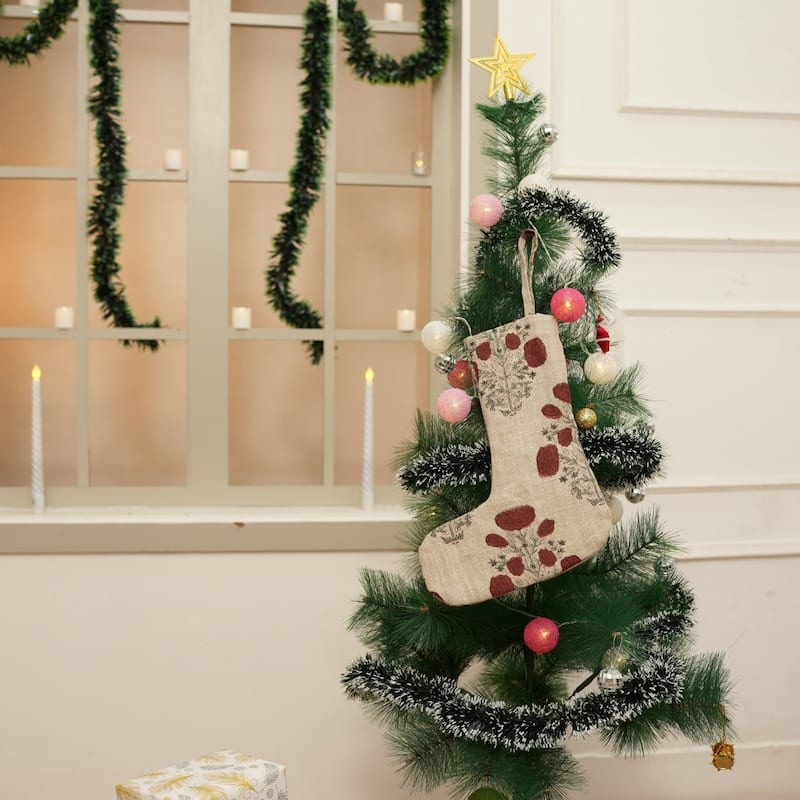 Fabdivine Hand Block Floral Print Christmas Knit Stockings, Home Decorative Gift Use - 16"X6.5"