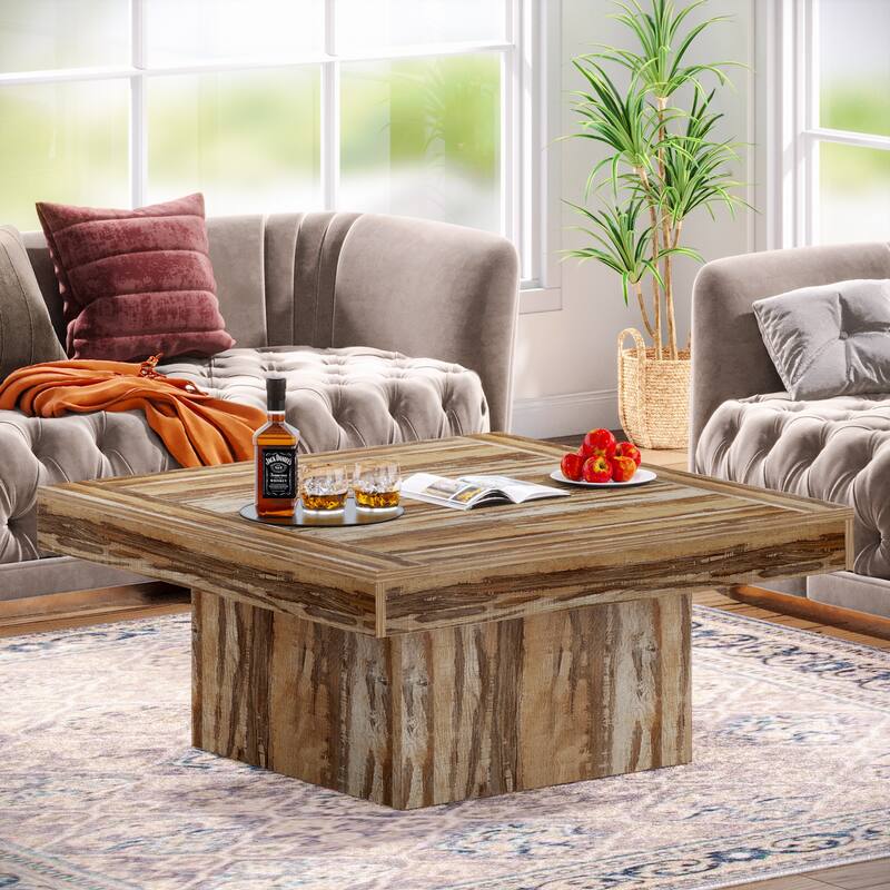 Engineered Wood Square Coffee Table LED Center Table for Living Room - Oak Brown