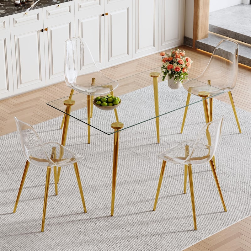 Modern Luxury Dining Set Rectangular Tempered Glass Table 4 Transparent Chairs Gold Legs