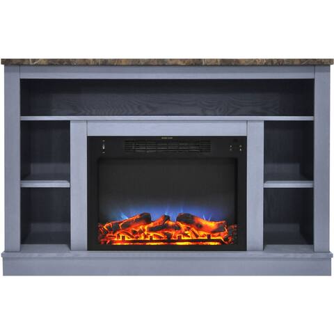 Hanover Oxford 47 In. Electric Fireplace Heater with 1500W Enhanced Log Insert and A/V Storage Mantel in Slate Blue - 47 Inch