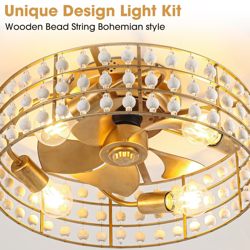 18.3 in. Bohemian Wood Bead Gold Ceiling Fan with Light and Remote - 18.31" D x 18.31" W x 7.5" H