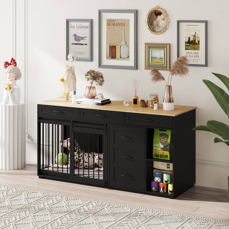 66.9"W Dog Crate Furniture Heavy Duty Dog Kennel with 6 Drawers End Table
