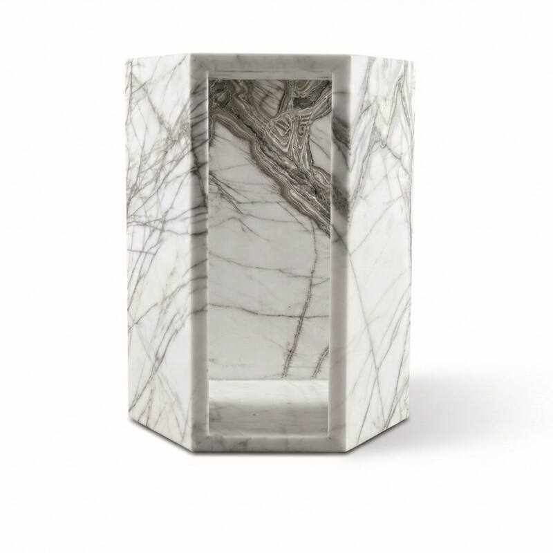 Roomfitters Luxury Natural Marble Hexagon Side Table, Solid Stone Geometric Pedestal End Table, Polished Finish