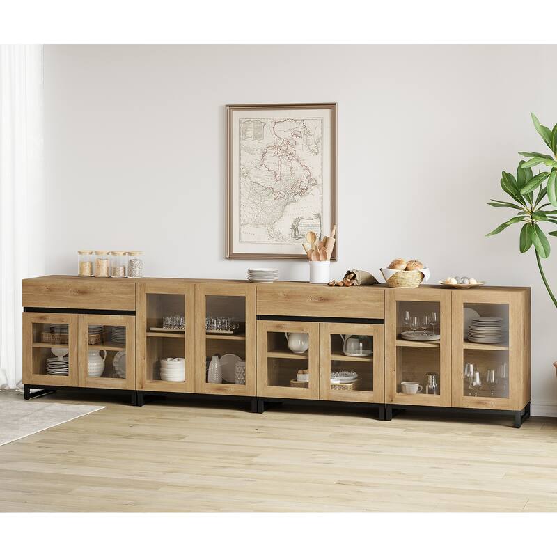 4-in-1 Multifunctional Sideboard Buffet with Glass Doors, 2 Drawers & Metal Base, Modern Coffee Bar Cabinet for Kitchen Storage. - 126 inches - Oak