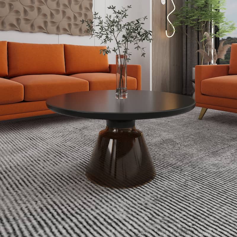 30-Inch Round Coffee Table Glass/Stone Tabletop with Black Iron Rim Frame Glass Pedestal Base