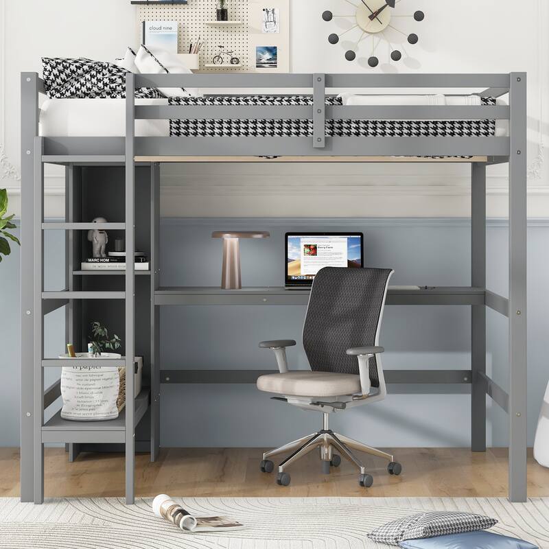 Full Size Loft Bed With Multifunction Shelves And Under-Bed Desk