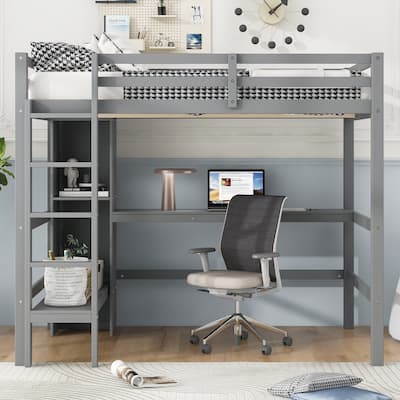 Full Size Loft Bed with Multi-Use Shelving & Underbed Study Desk ，Space-Saving College Dorm Bed with Storage Shelves