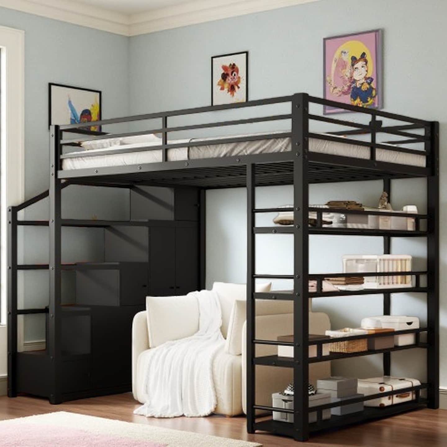 Full-Size Metal Loft Bed with Integrated Storage Shelves, Wardrobe & Staircase, Guardrails for Safety, Multi-Functional Work