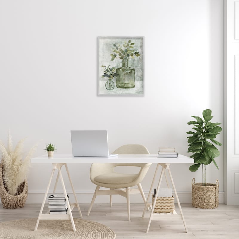 Stupell Herbal Plants Green Leaves Country Vase Rustic Painting Framed Wall Art - Off-White