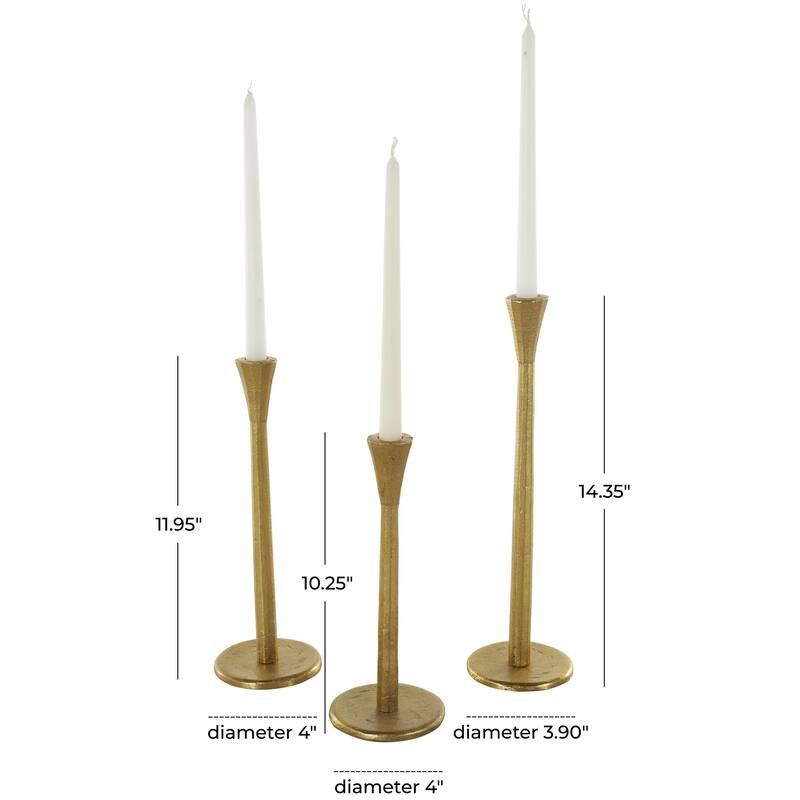 Gold Aluminum Metal Tapered Slim Minimalistic Decorative Candle Holder with Round Base (Set of 3) - 4"W x 4"L x 14"H