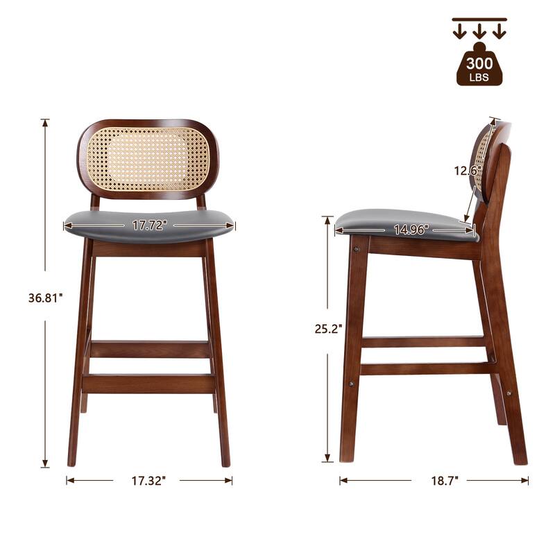 Wood Upholstered Counter Height Bar Stools with Rattan Back - 36.81"H x 17.72"W x 18.7"D
