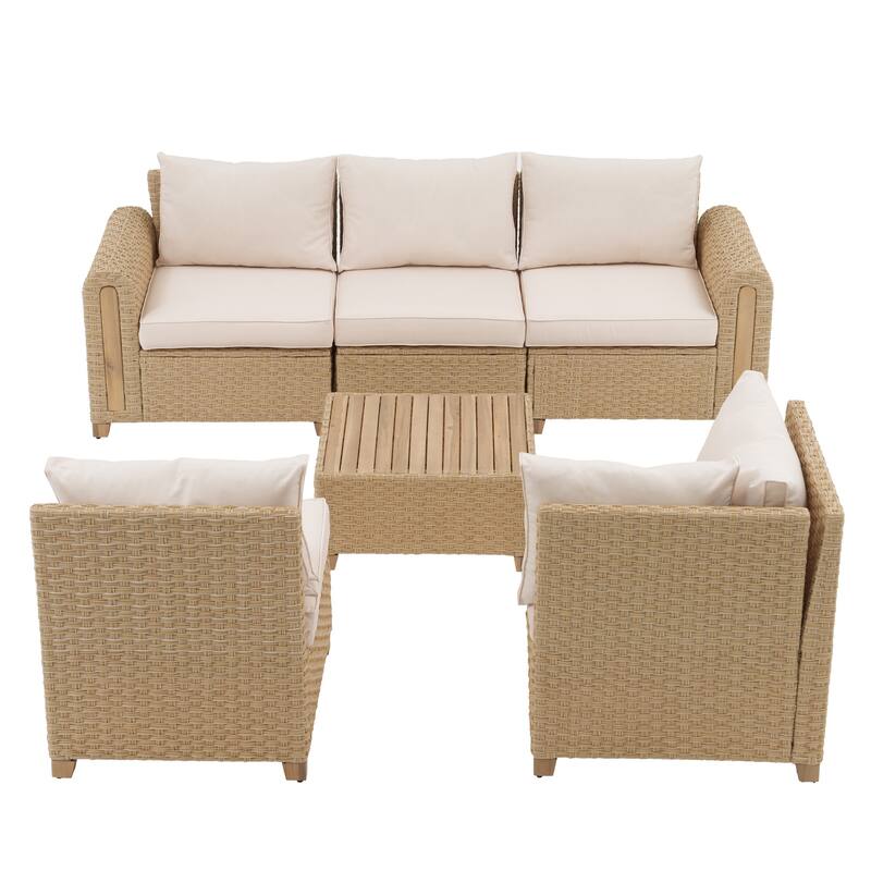 Outdoor Conversation Set L-Shaped Corner Sectional Sofa 6-Piece Patio Modular Sofa and Coffee Table PE Wicker Rattan Acacia Wood
