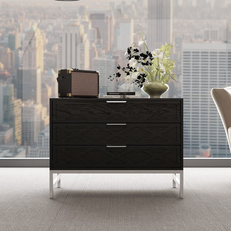 31.5 Inch Wide Nightstand with 3 Drawers Black Wooden Bedside Table