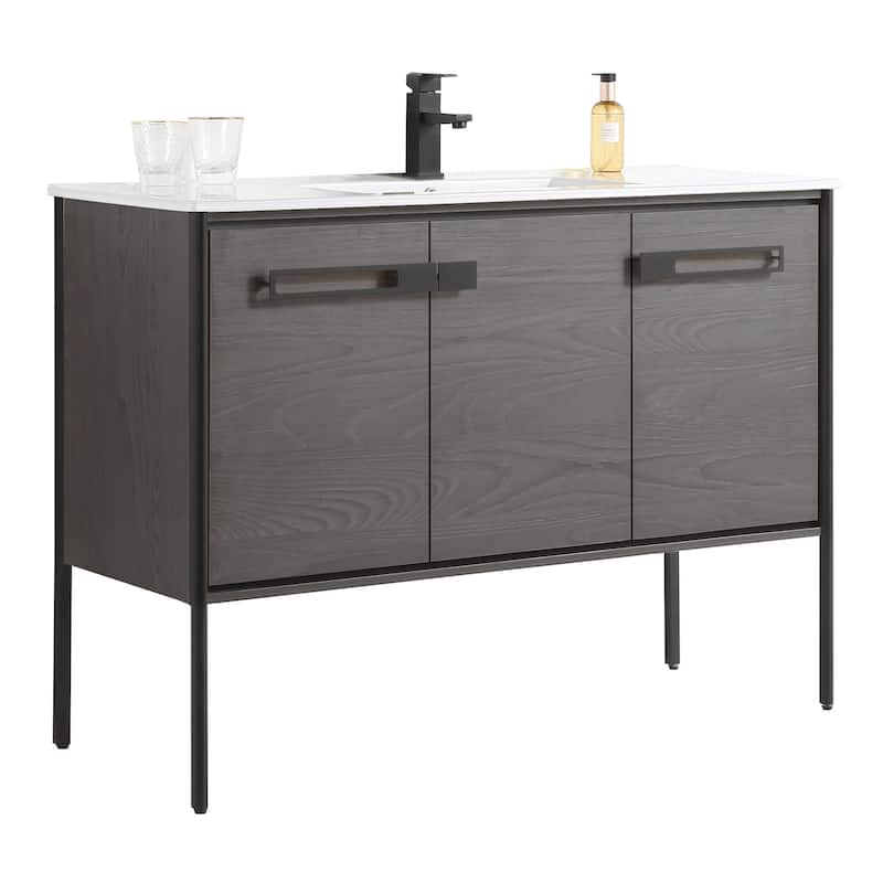 Fine Fixtures Oakville Bathroom Vanity with White Ceramic Sink - 48 Inch - Black Coal Oak - Black Hardware