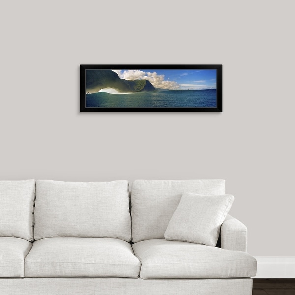 "Rolling waves with mountains in the background, Molokai, Hawaii" Black Framed Print
