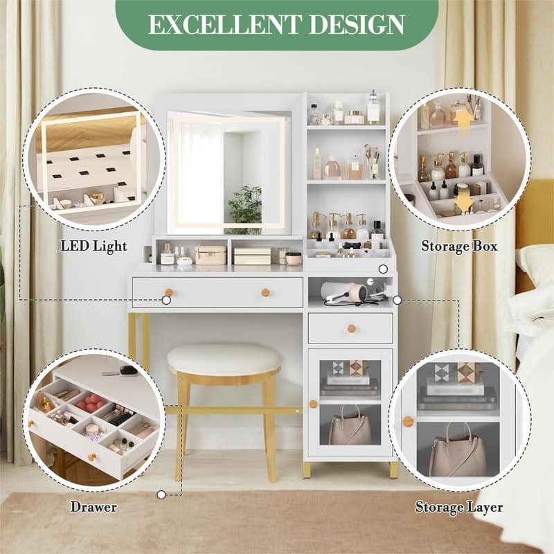 Makeup Vanity Desk with Adjustable LED Mirror, 2 Drawers, Shelves & Charging Station