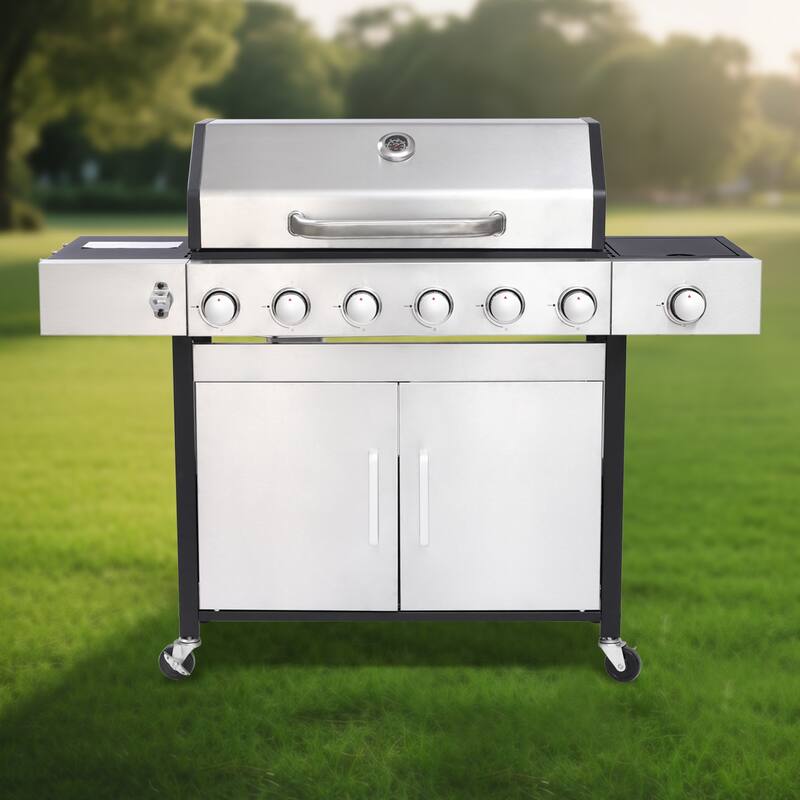 6-Burner Propane Gas Grill with Side Burner & Caster, Outdoor BBQ Grill Stainless with Steel Control Panel for Picnic - Silver