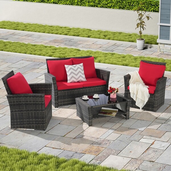 4 Pieces Outdoor Patio Furniture Sets Garden Rattan Chair Wicker