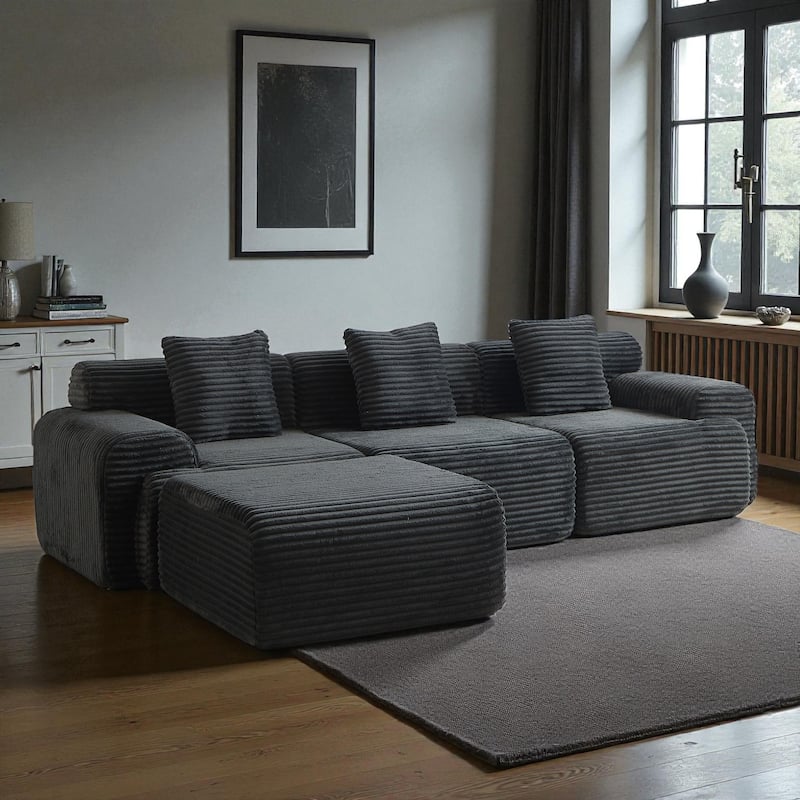 114" Corduroy Modular Sectional Sofa, Boneless Design with 4 Configurable Modules, Wide Backrest & 3 Pillows, No Assembly